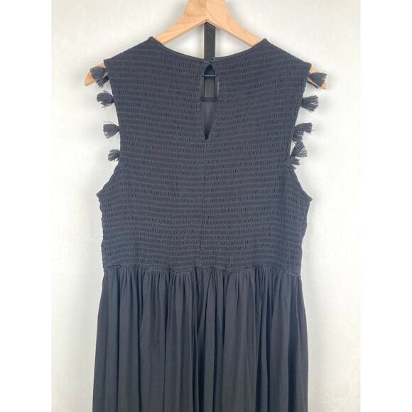 Whistles Crochet Lace Jersey Dress Black Size L Tassels Smocked Flowy Sleeveless - Picture 7 of 10